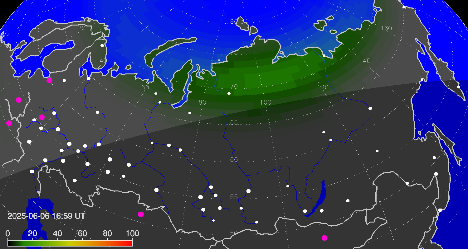 Northern lights (auroras) over Russian Federation