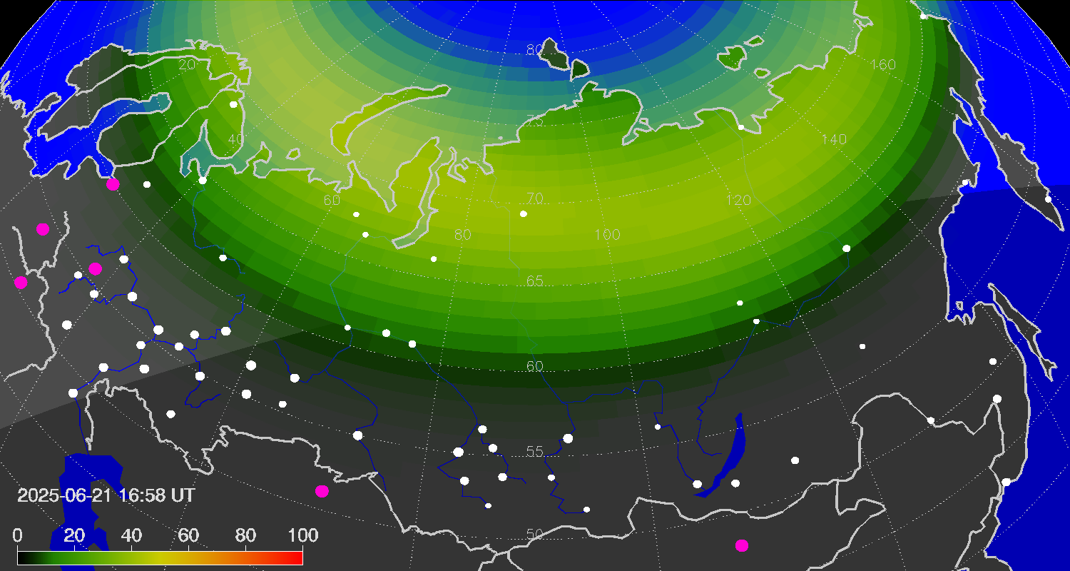 Northern lights (auroras) over Russian Federation