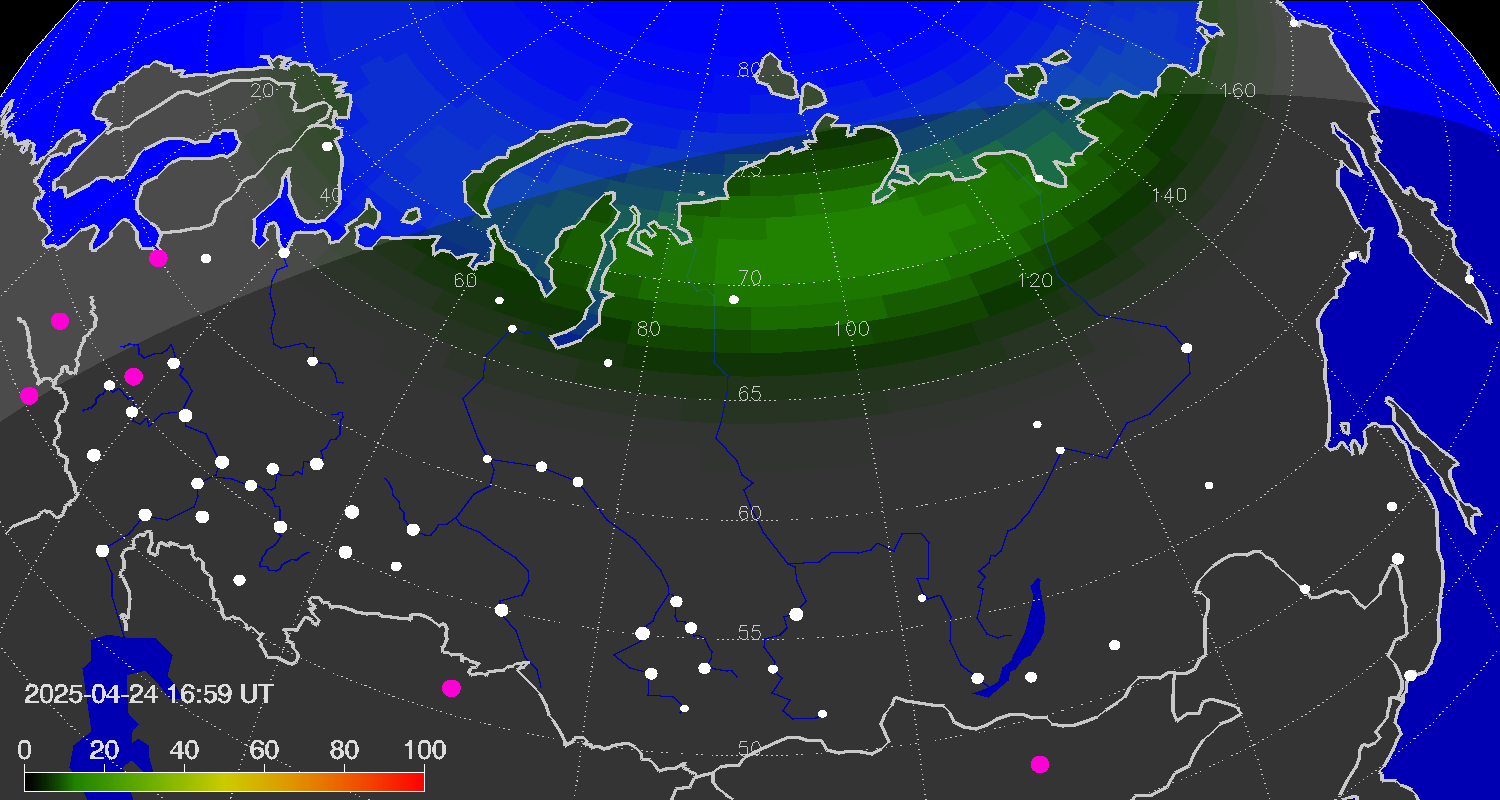 Northern lights (auroras) over Russian Federation