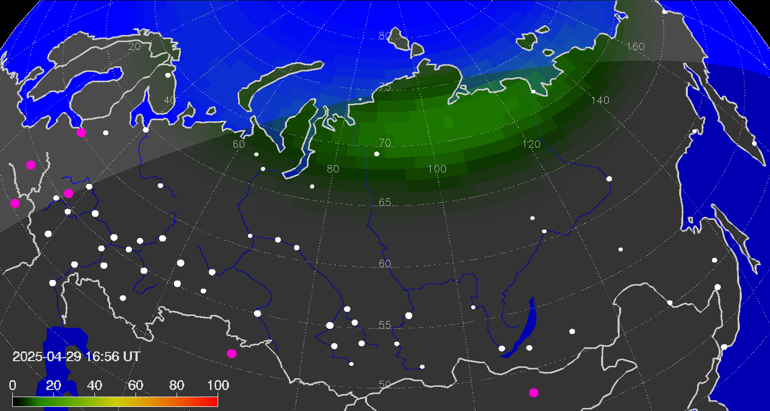 Northern lights (auroras) over Russian Federation