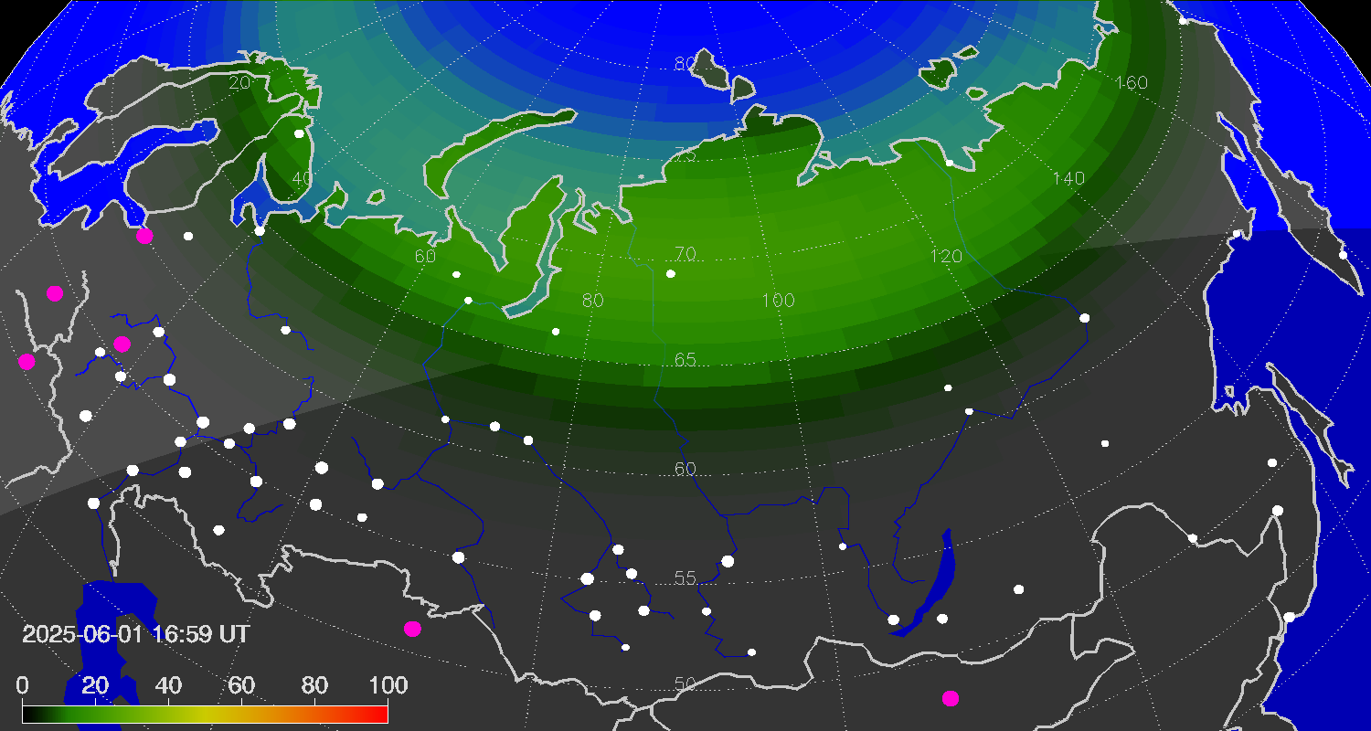 Northern lights (auroras) over Russian Federation