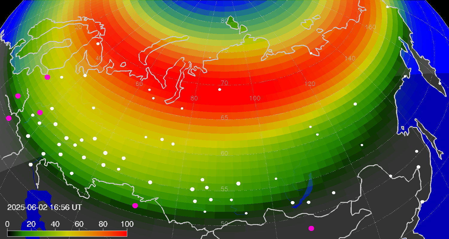 Northern lights (auroras) over Russian Federation