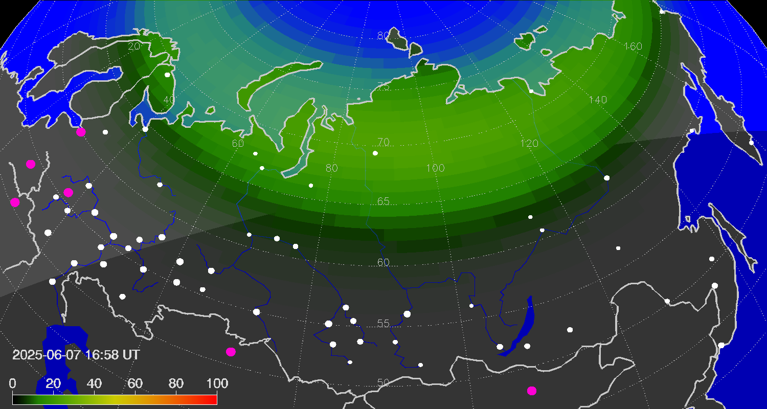 Northern lights (auroras) over Russian Federation