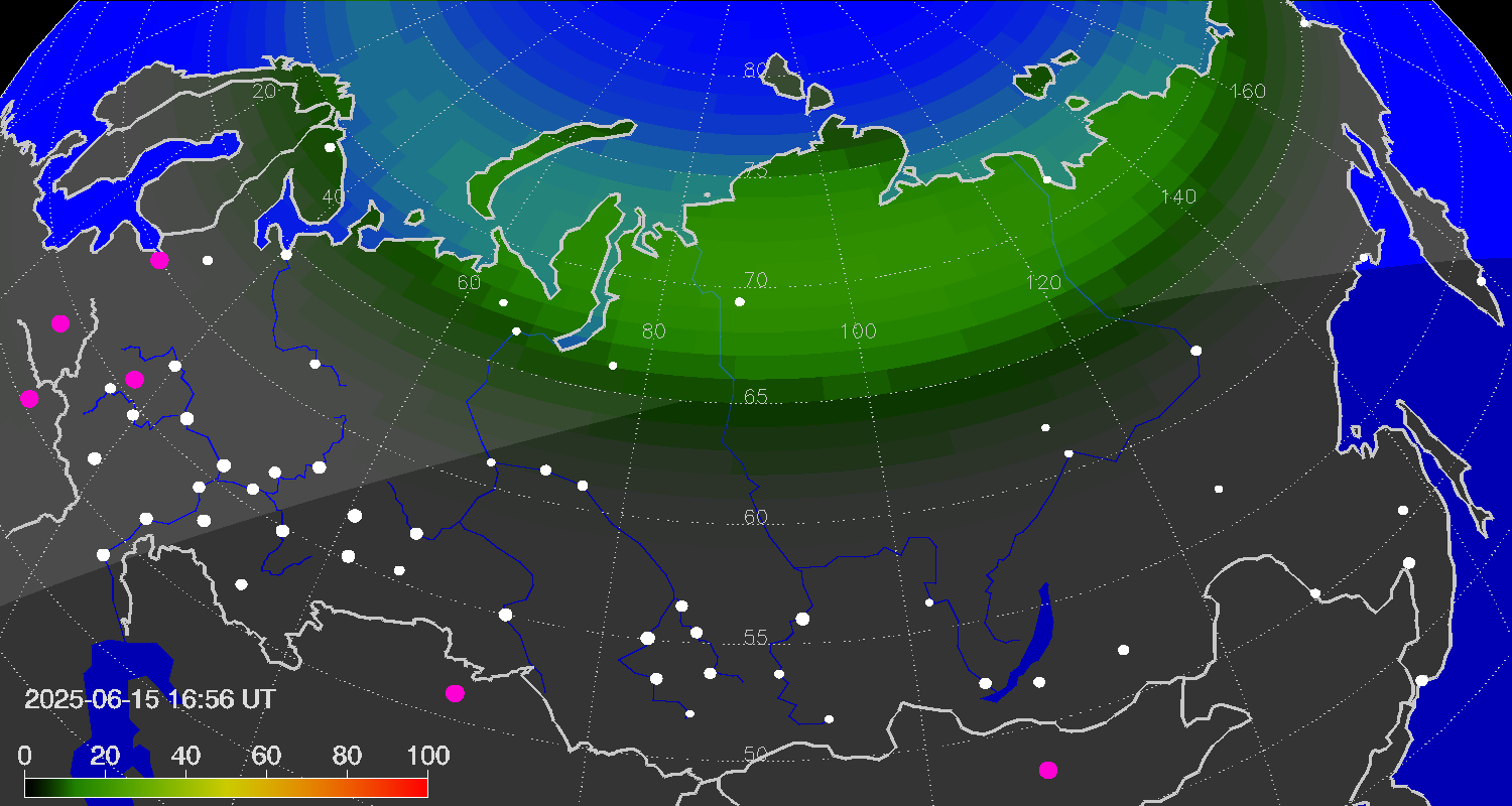 Northern lights (auroras) over Russian Federation