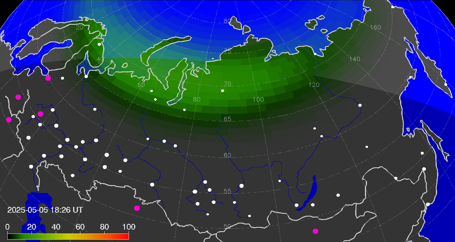 Northern lights (auroras) over the territory of Eurasia