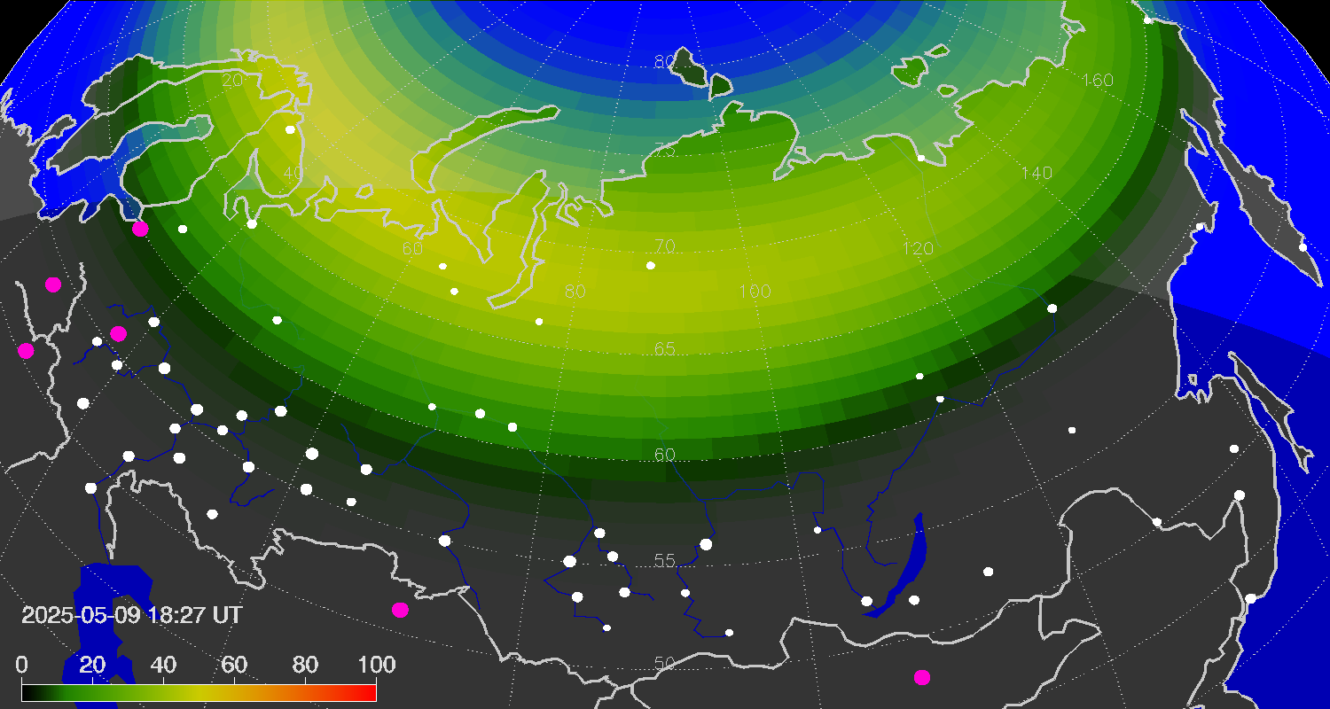 Northern lights (auroras) over the territory of Eurasia