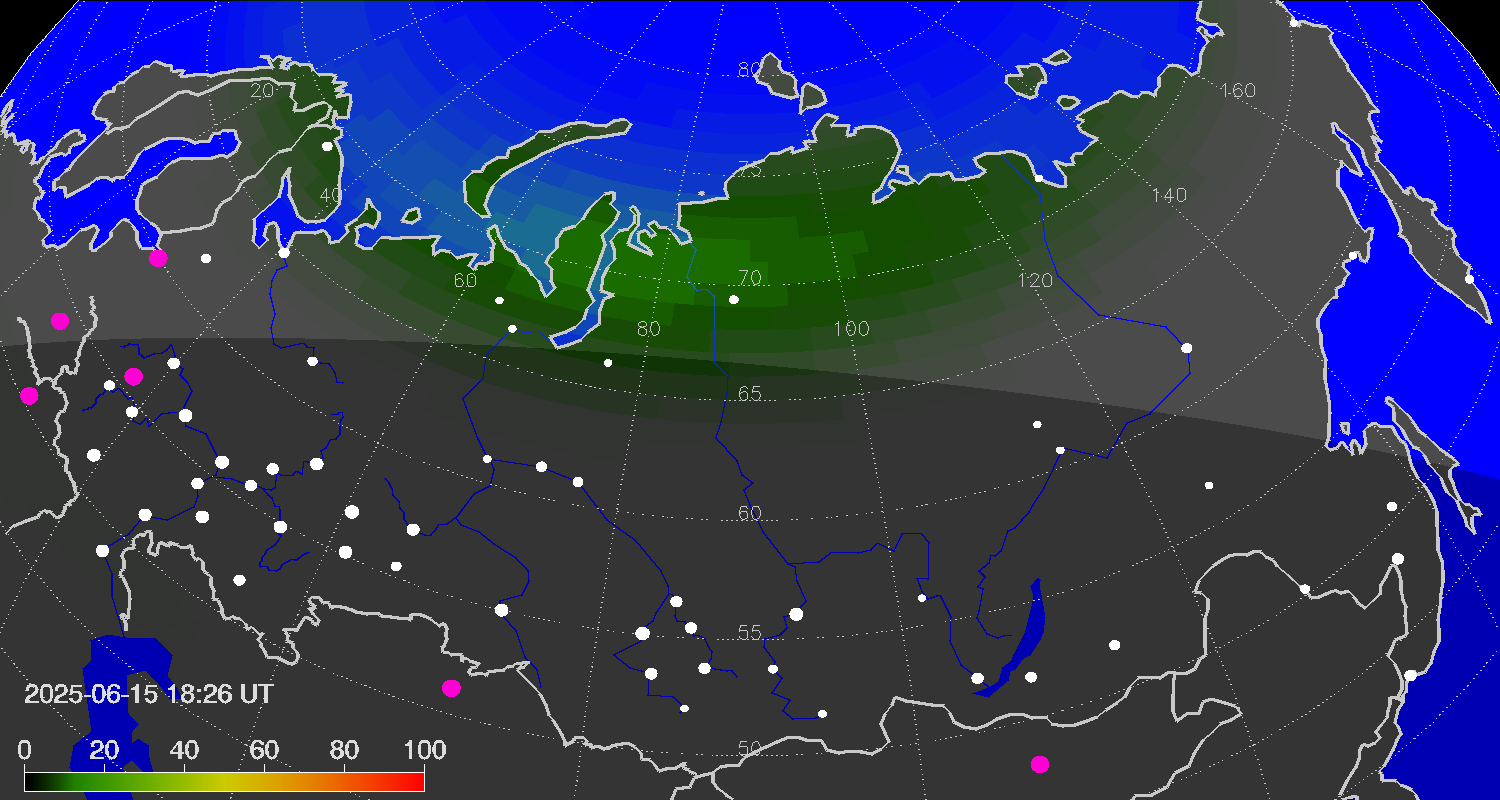 Northern lights (auroras) over the territory of Eurasia