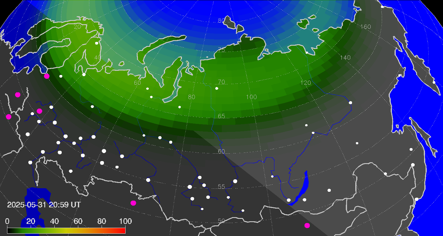 Northern lights (auroras) over Russian Federation