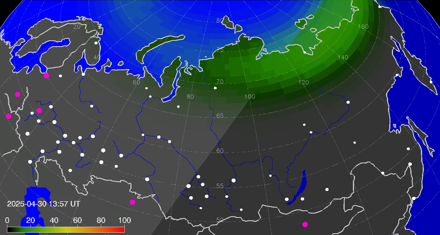 Northern lights (auroras) over Russian Federation