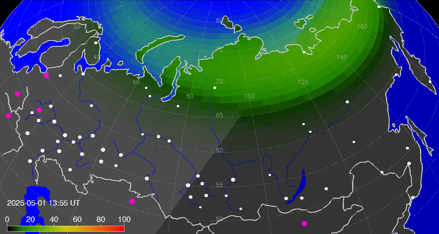 Northern lights (auroras) over Russian Federation