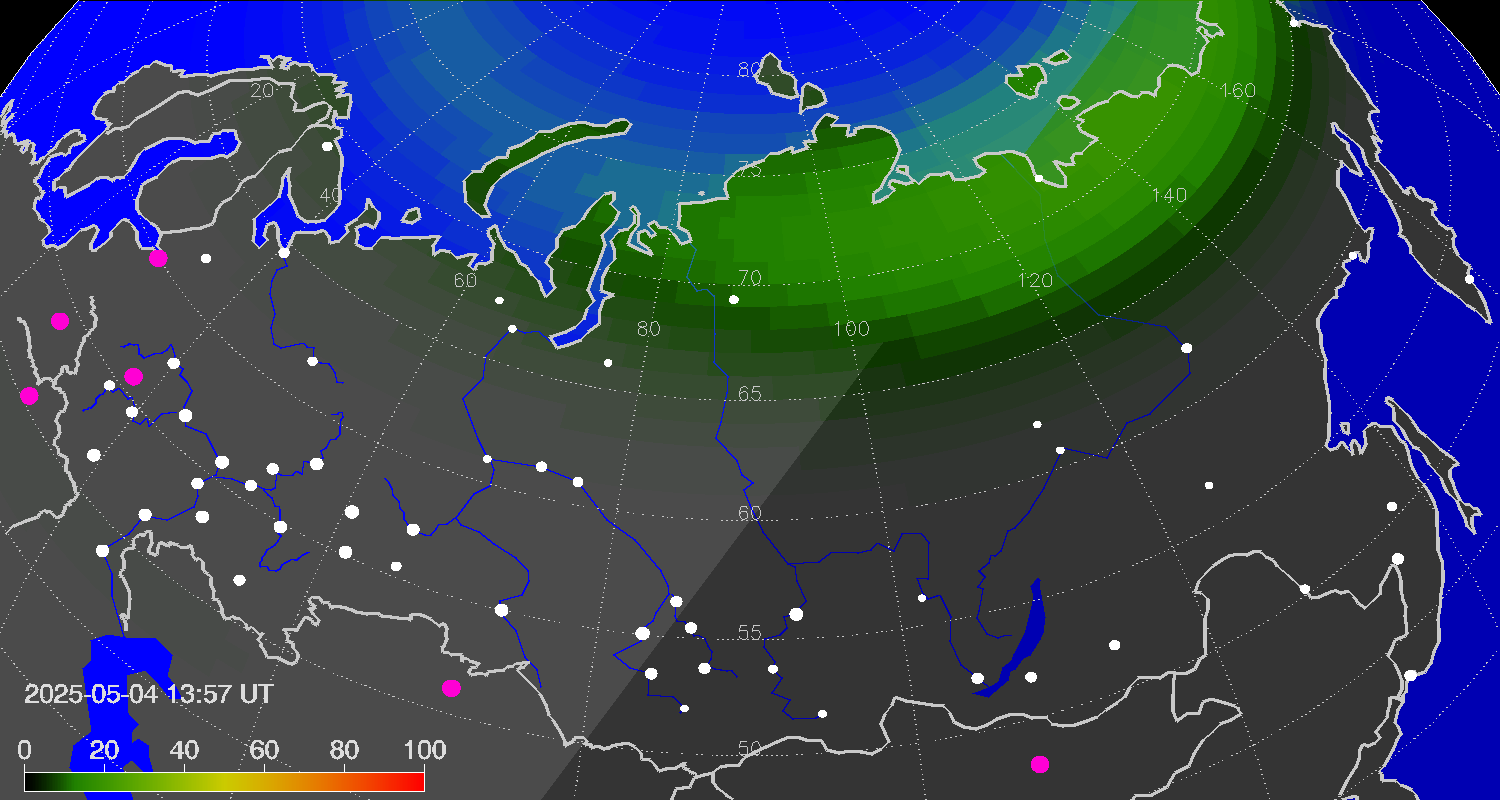 Northern lights (auroras) over Russian Federation