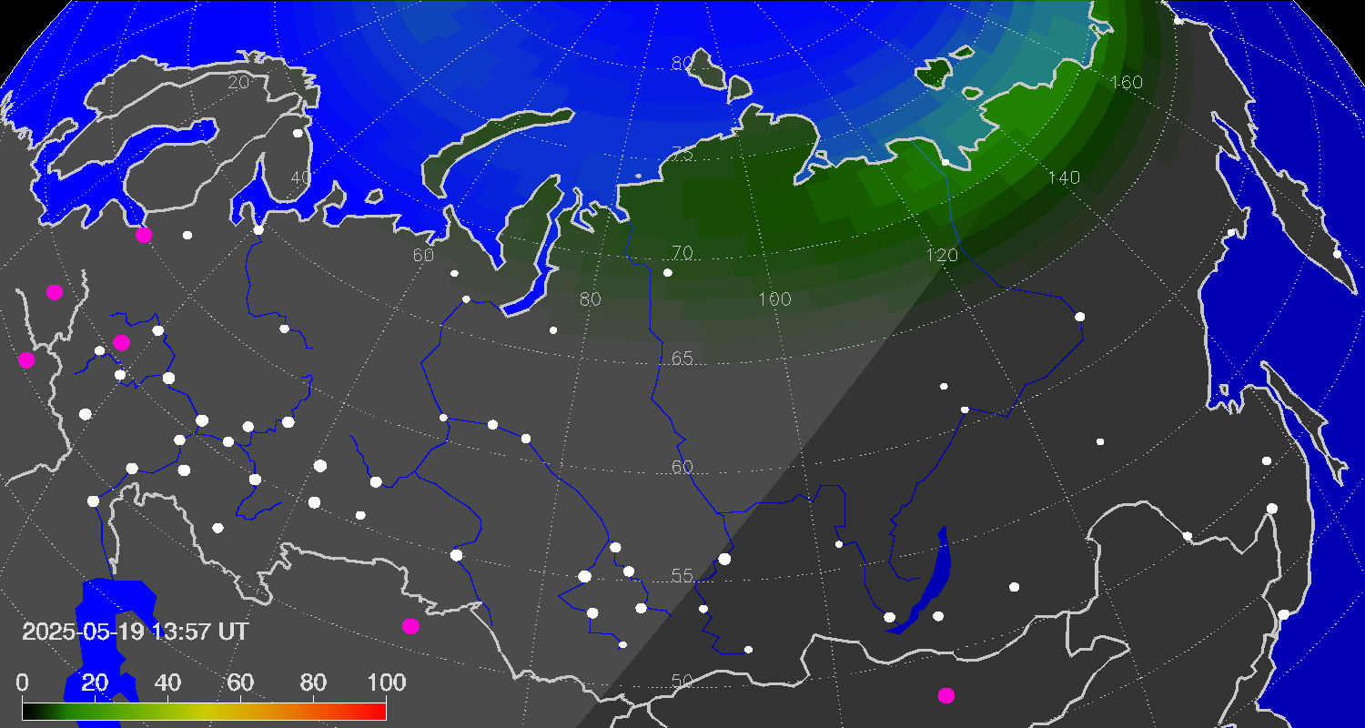 Northern lights (auroras) over Russian Federation