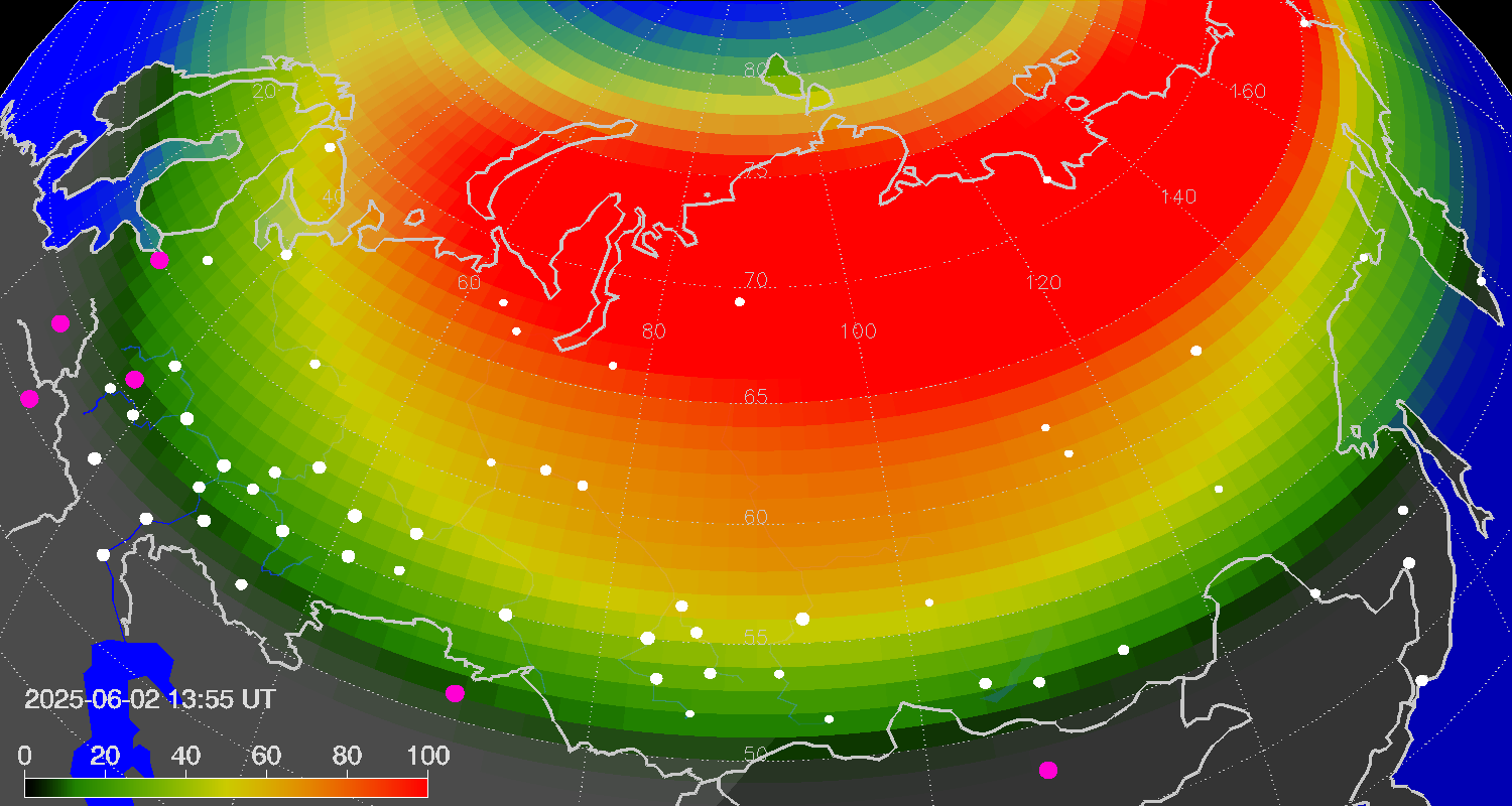 Northern lights (auroras) over Russian Federation