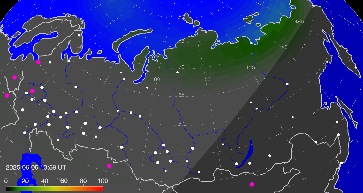 Northern lights (auroras) over Russian Federation