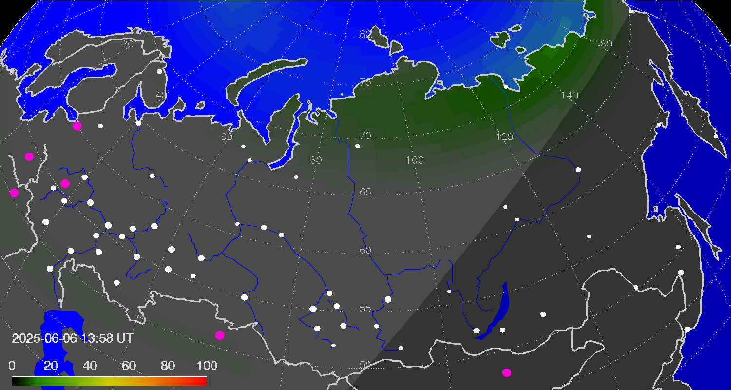 Northern lights (auroras) over Russian Federation