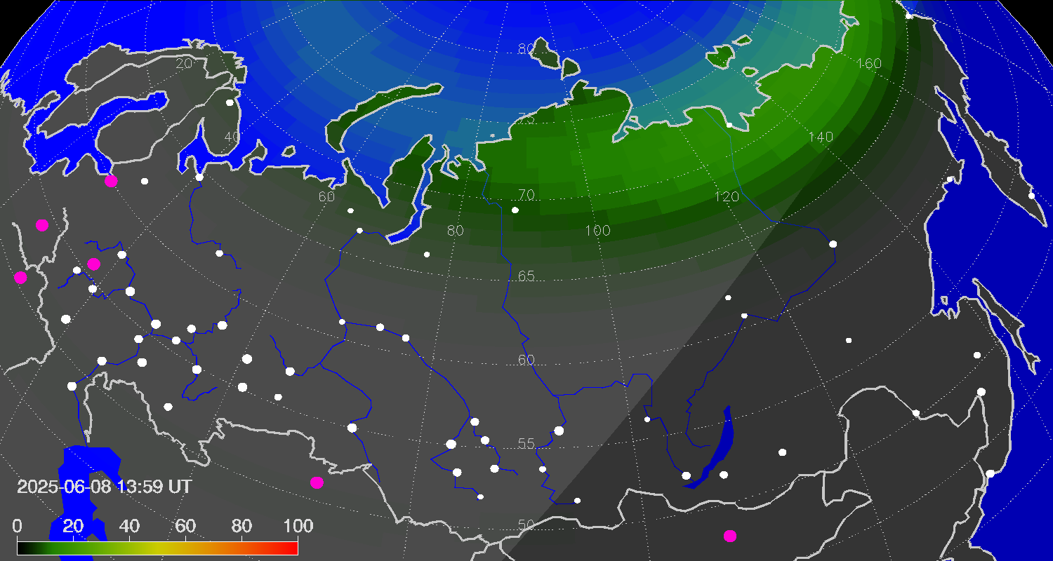 Northern lights (auroras) over Russian Federation