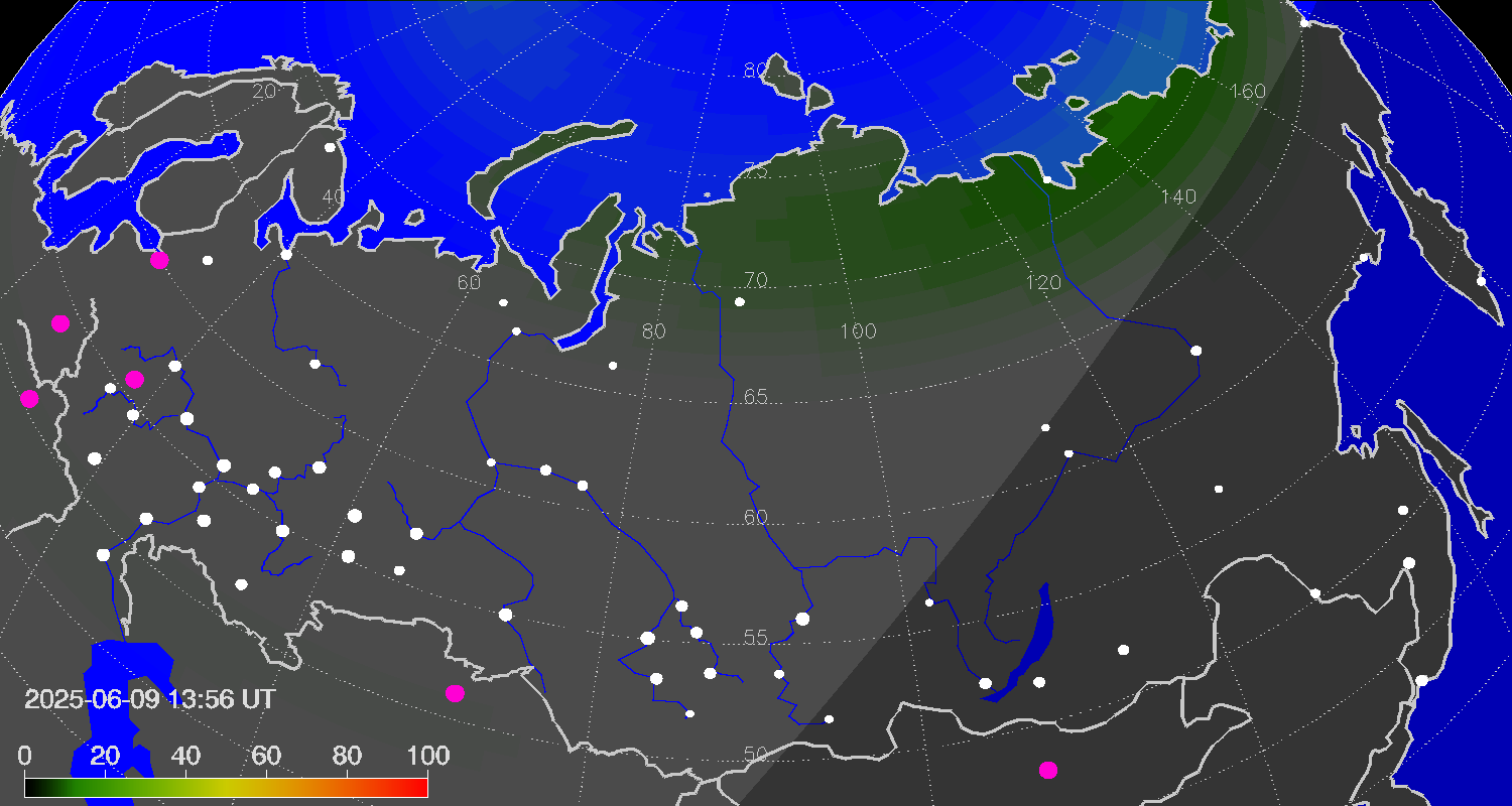 Northern lights (auroras) over Russian Federation