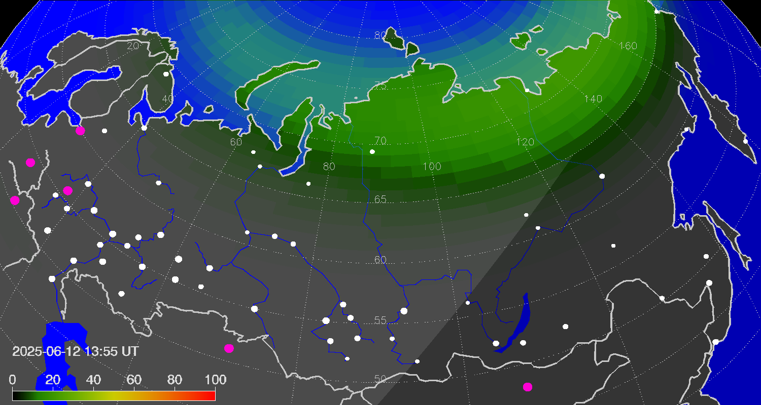 Northern lights (auroras) over Russian Federation
