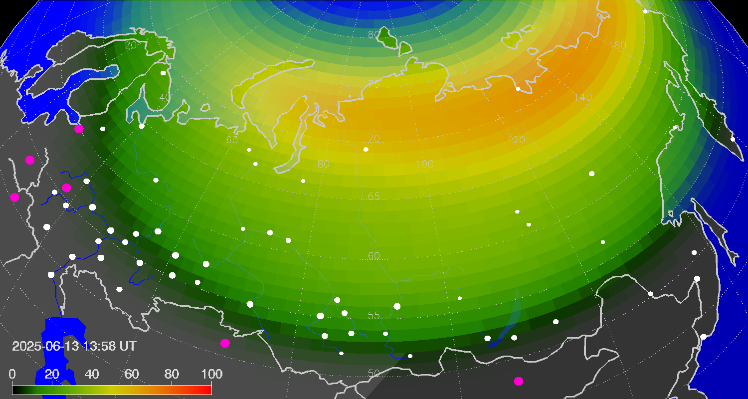 Northern lights (auroras) over Russian Federation