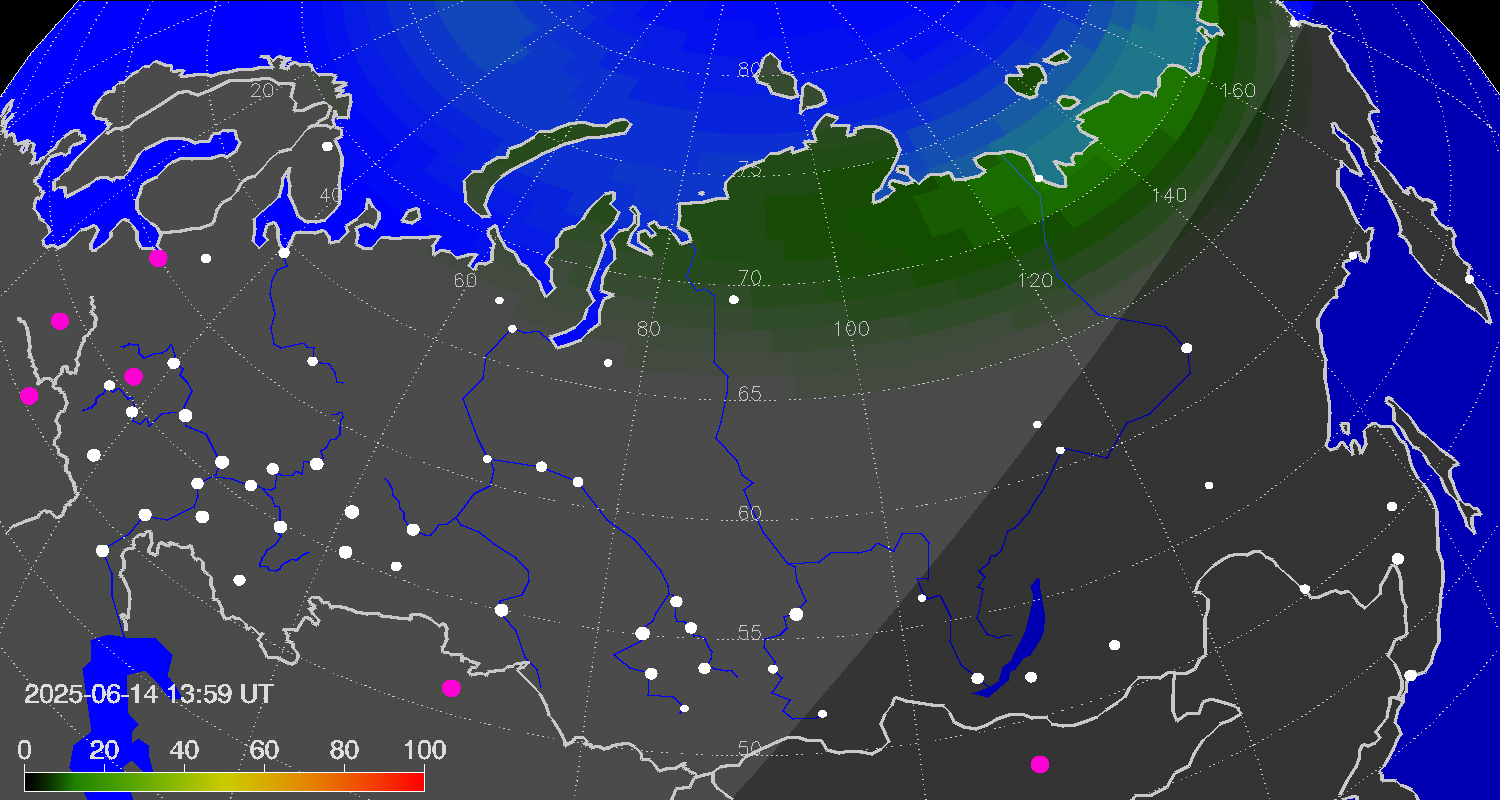 Northern lights (auroras) over Russian Federation