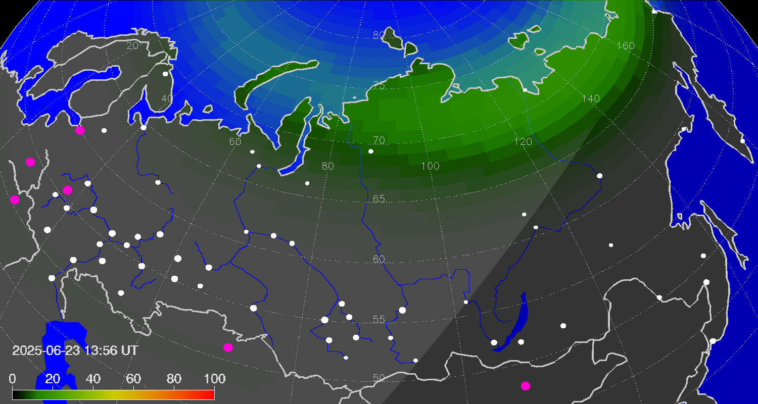 Northern lights (auroras) over Russian Federation