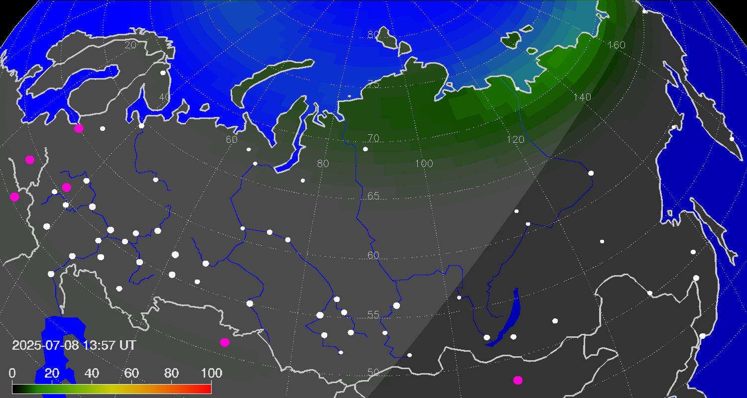 Northern lights (auroras) over Russian Federation