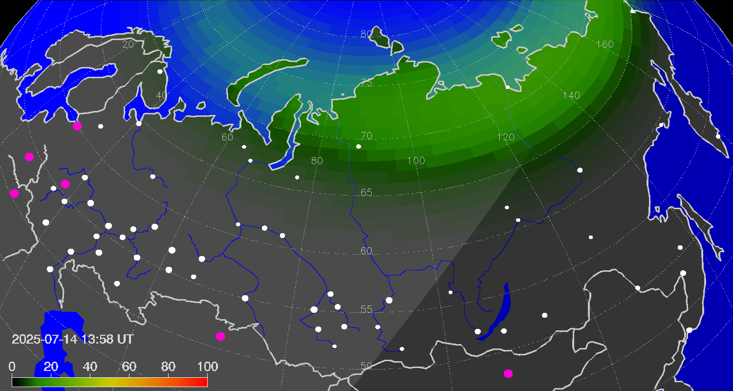 Northern lights (auroras) over Russian Federation