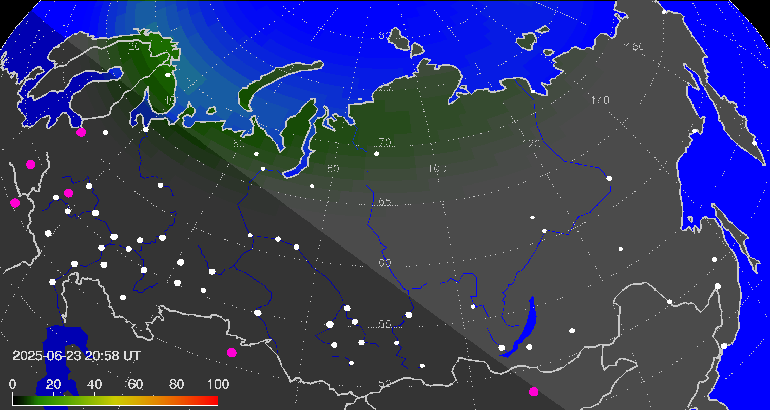 Northern lights (auroras) over Russian Federation