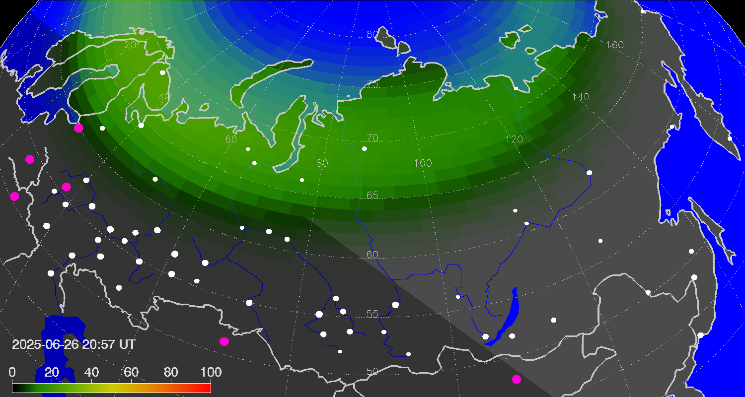 Northern lights (auroras) over Russian Federation