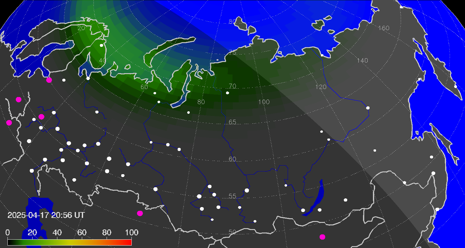 Northern lights (auroras) over Russian Federation