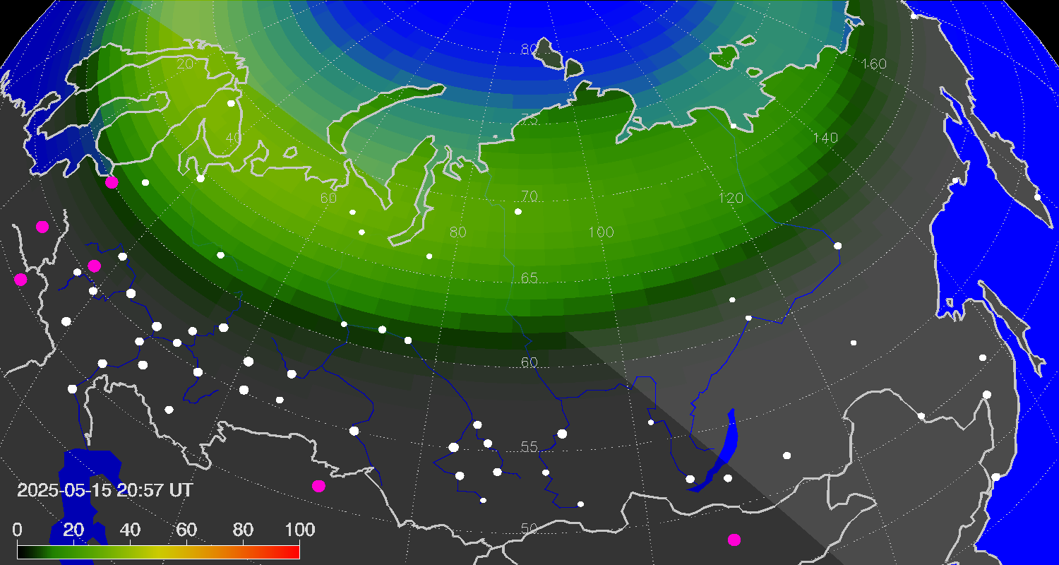 Northern lights (auroras) over Russian Federation