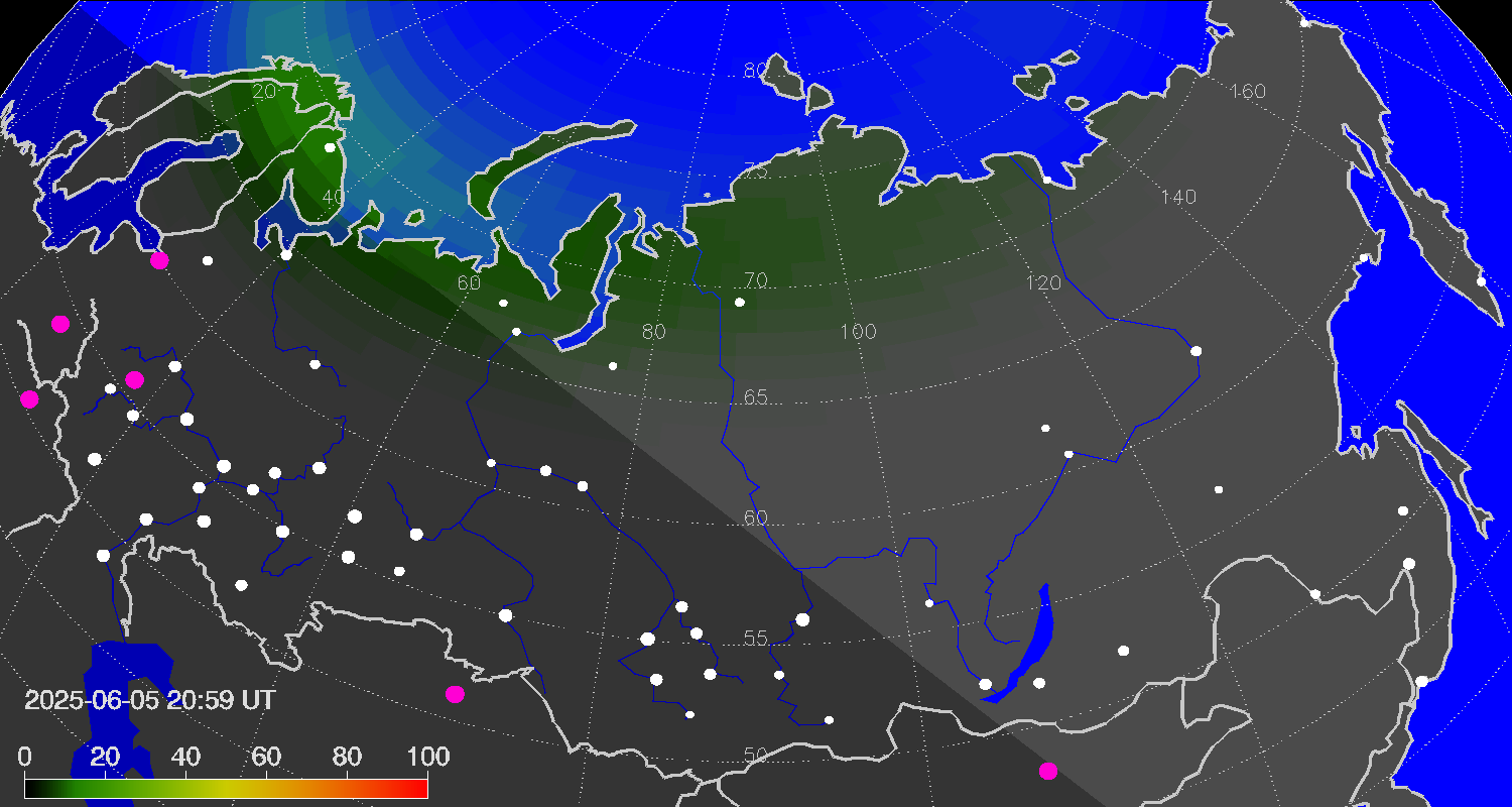 Northern lights (auroras) over Russian Federation