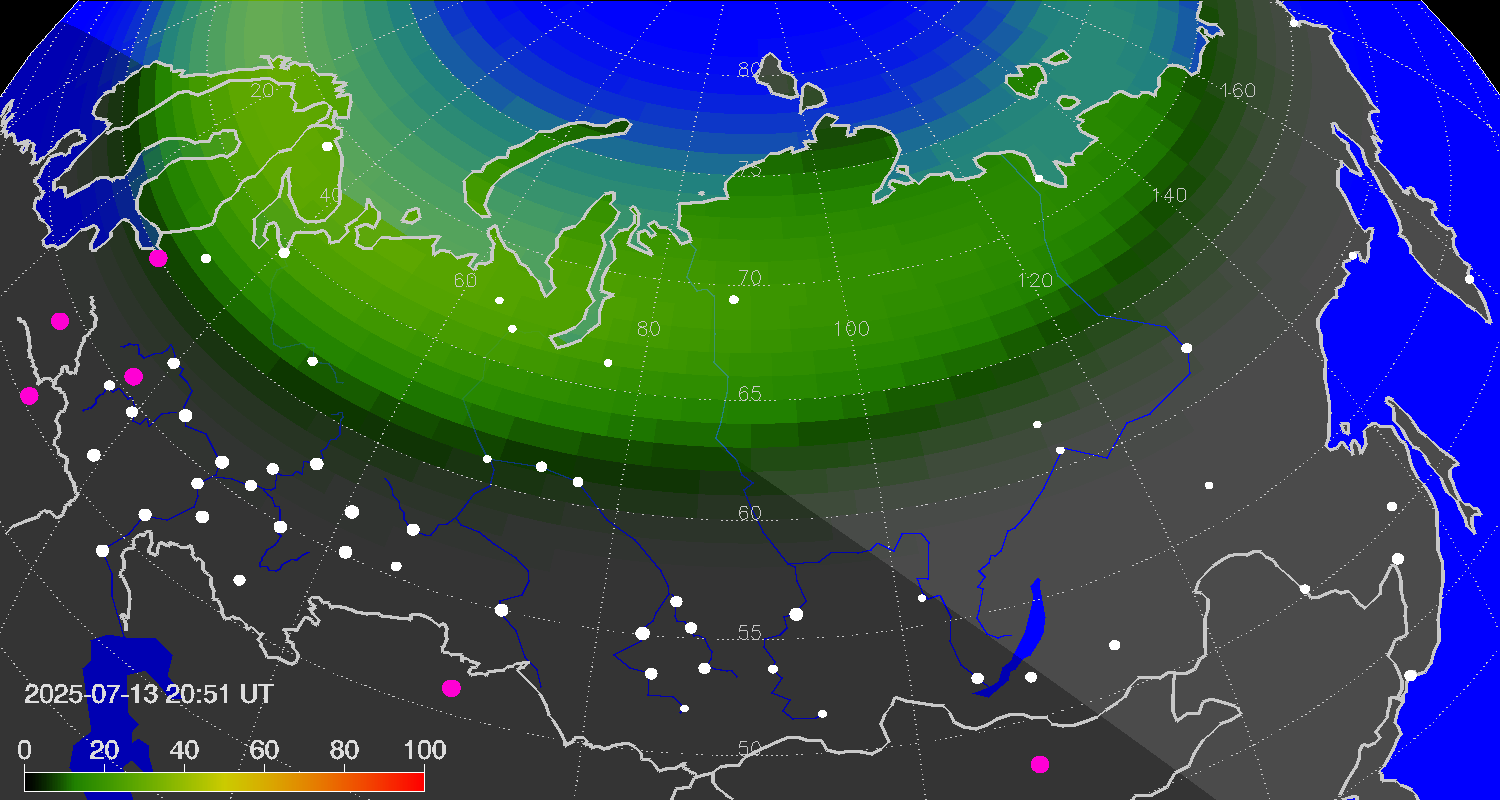 Northern lights (auroras) over Russian Federation