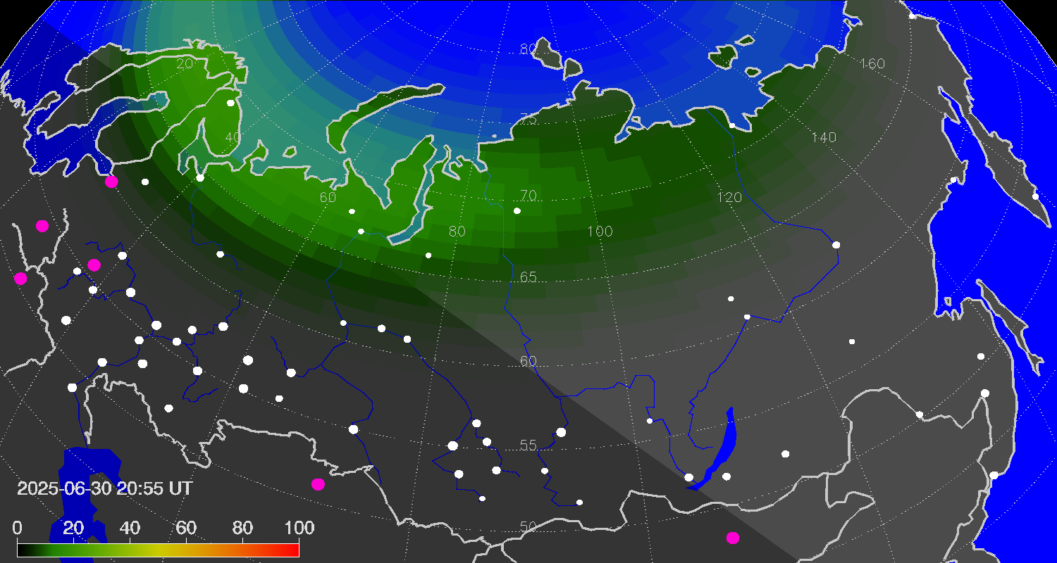 Northern lights (auroras) over Russian Federation
