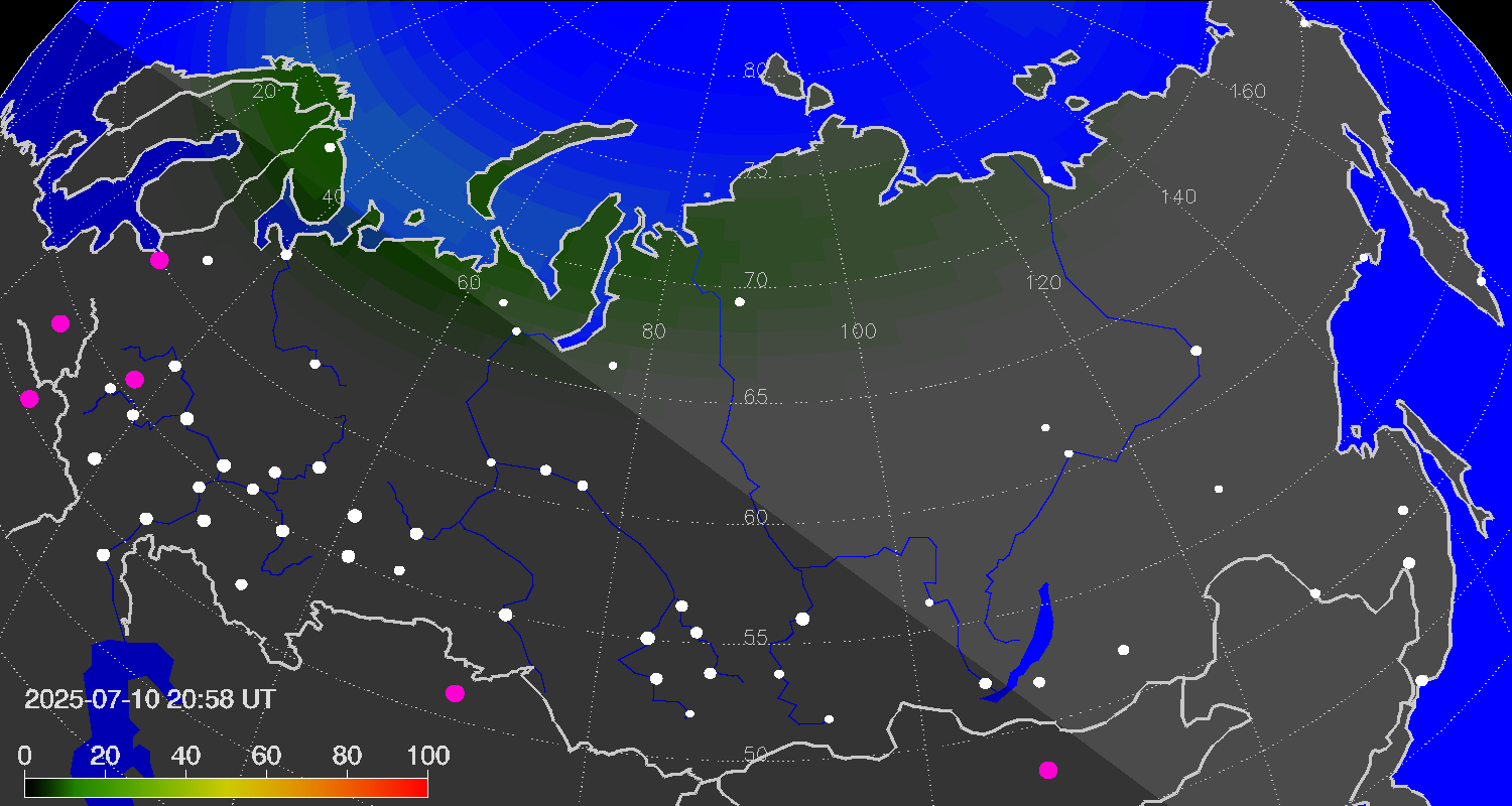 Northern lights (auroras) over Russian Federation