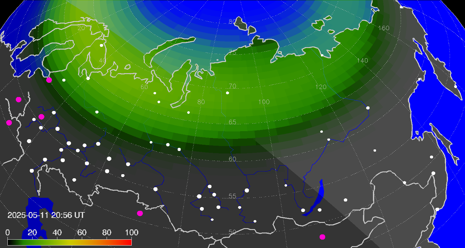 Northern lights (auroras) over Russian Federation