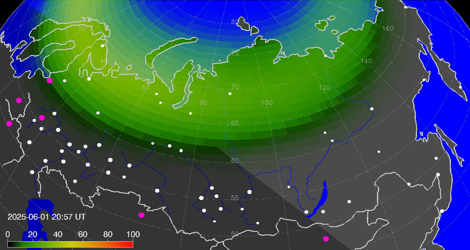 Northern lights (auroras) over Russian Federation