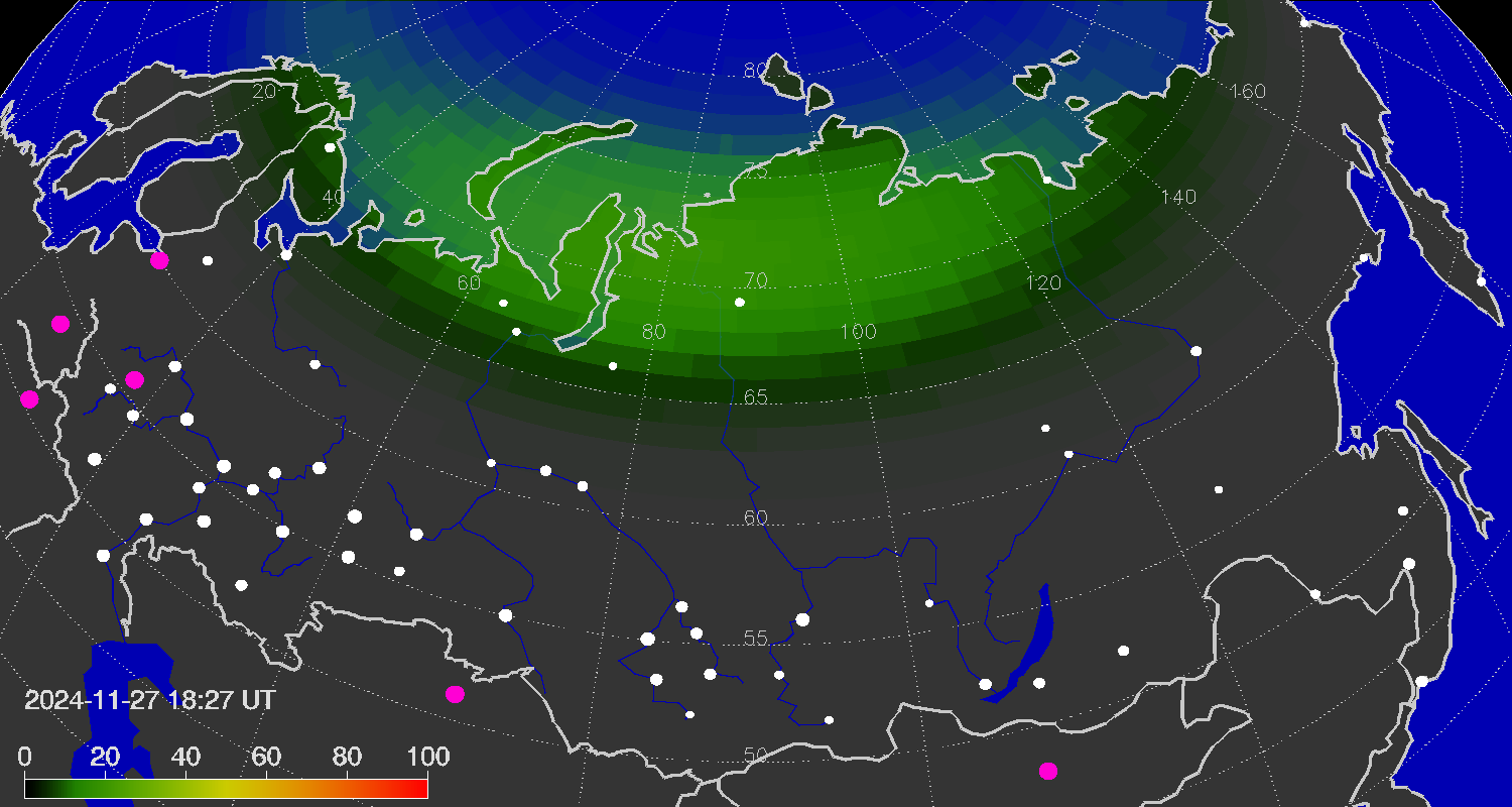 Northern lights (auroras) over the territory of Eurasia