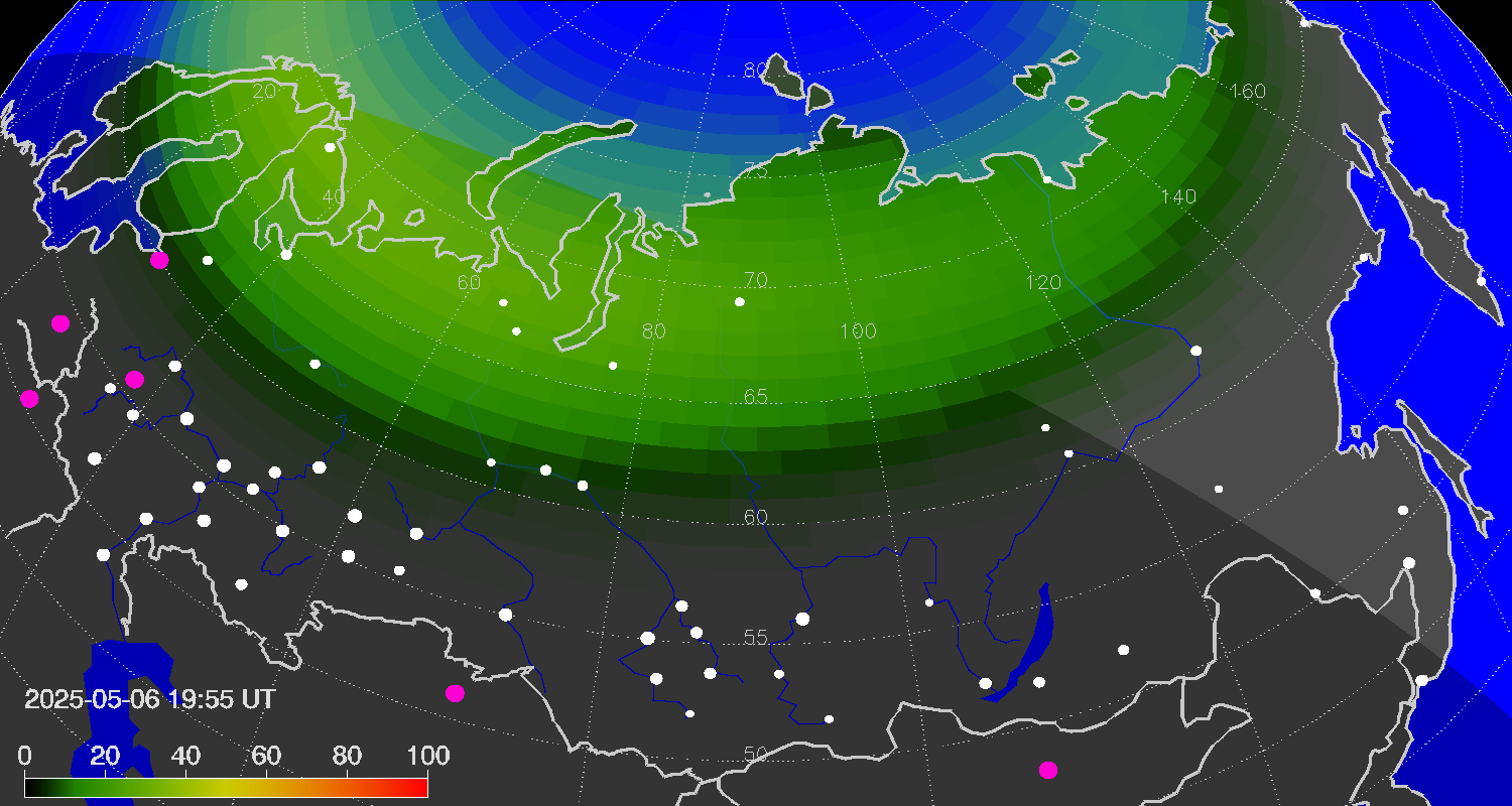 Northern lights (auroras) over Russian Federation
