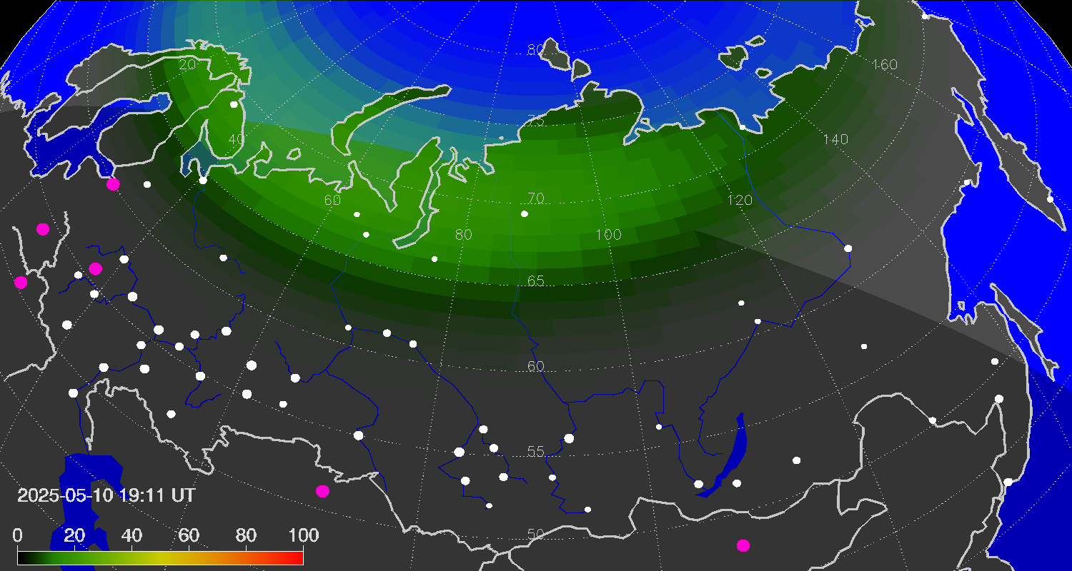 Northern lights (auroras) over Russian Federation