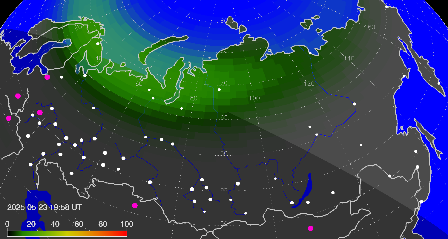 Northern lights (auroras) over Russian Federation
