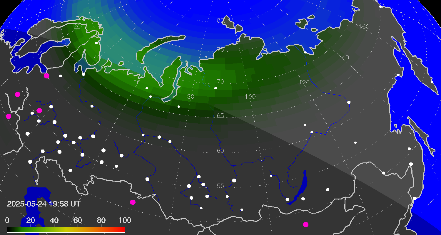 Northern lights (auroras) over Russian Federation