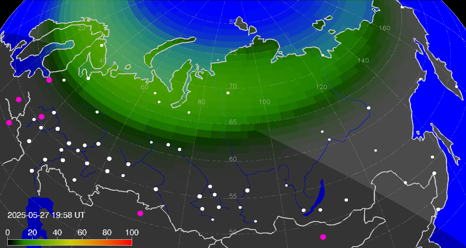 Northern lights (auroras) over Russian Federation