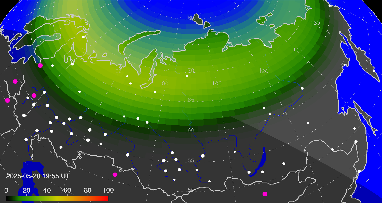Northern lights (auroras) over Russian Federation
