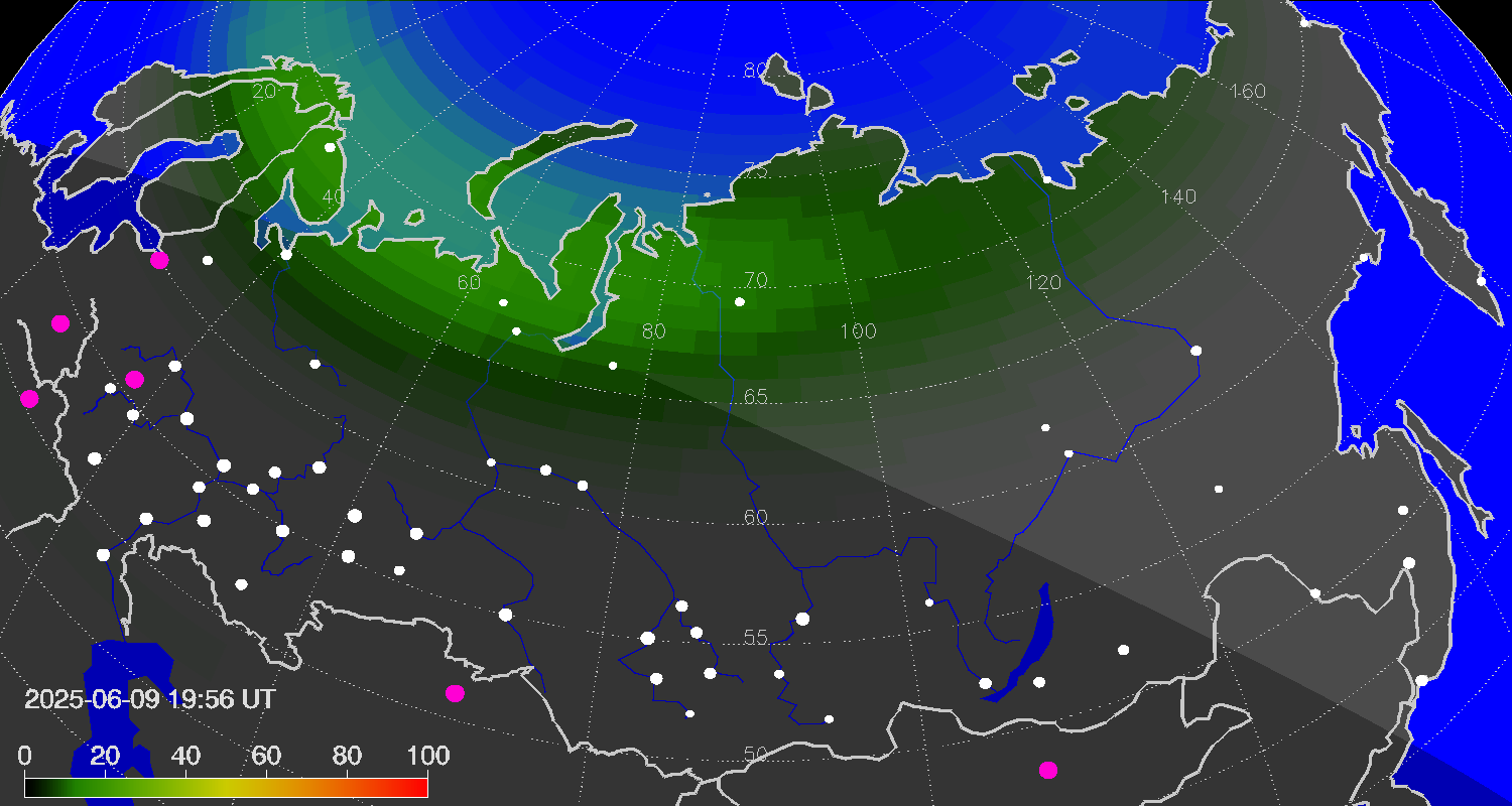Northern lights (auroras) over Russian Federation