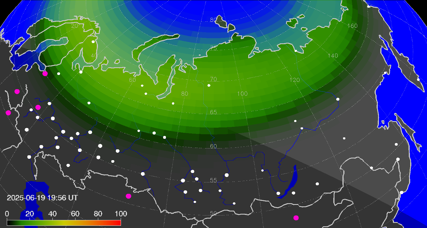 Northern lights (auroras) over Russian Federation