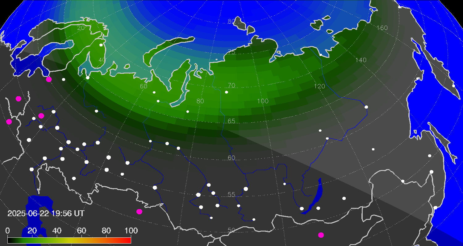 Northern lights (auroras) over Russian Federation