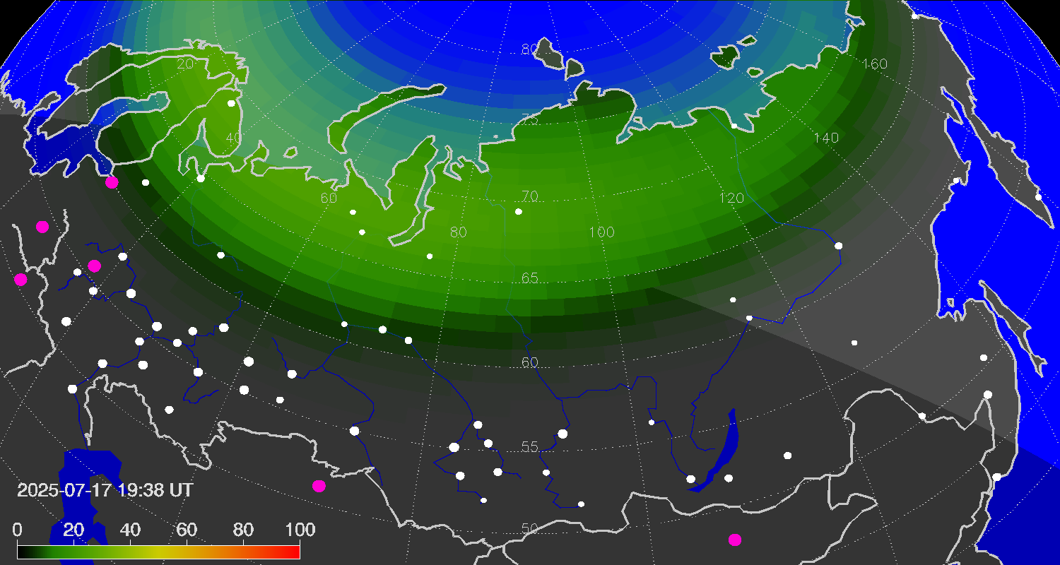 Northern lights (auroras) over Russian Federation
