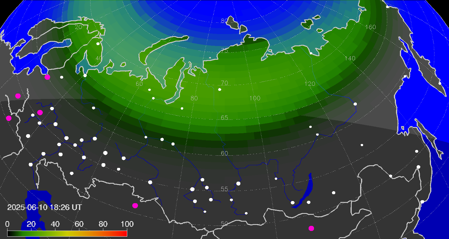 Northern lights (auroras) over the territory of Eurasia
