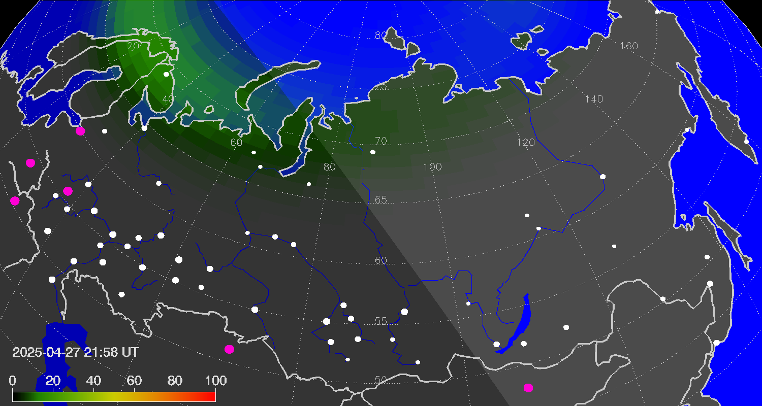 Northern lights (auroras) over Russian Federation